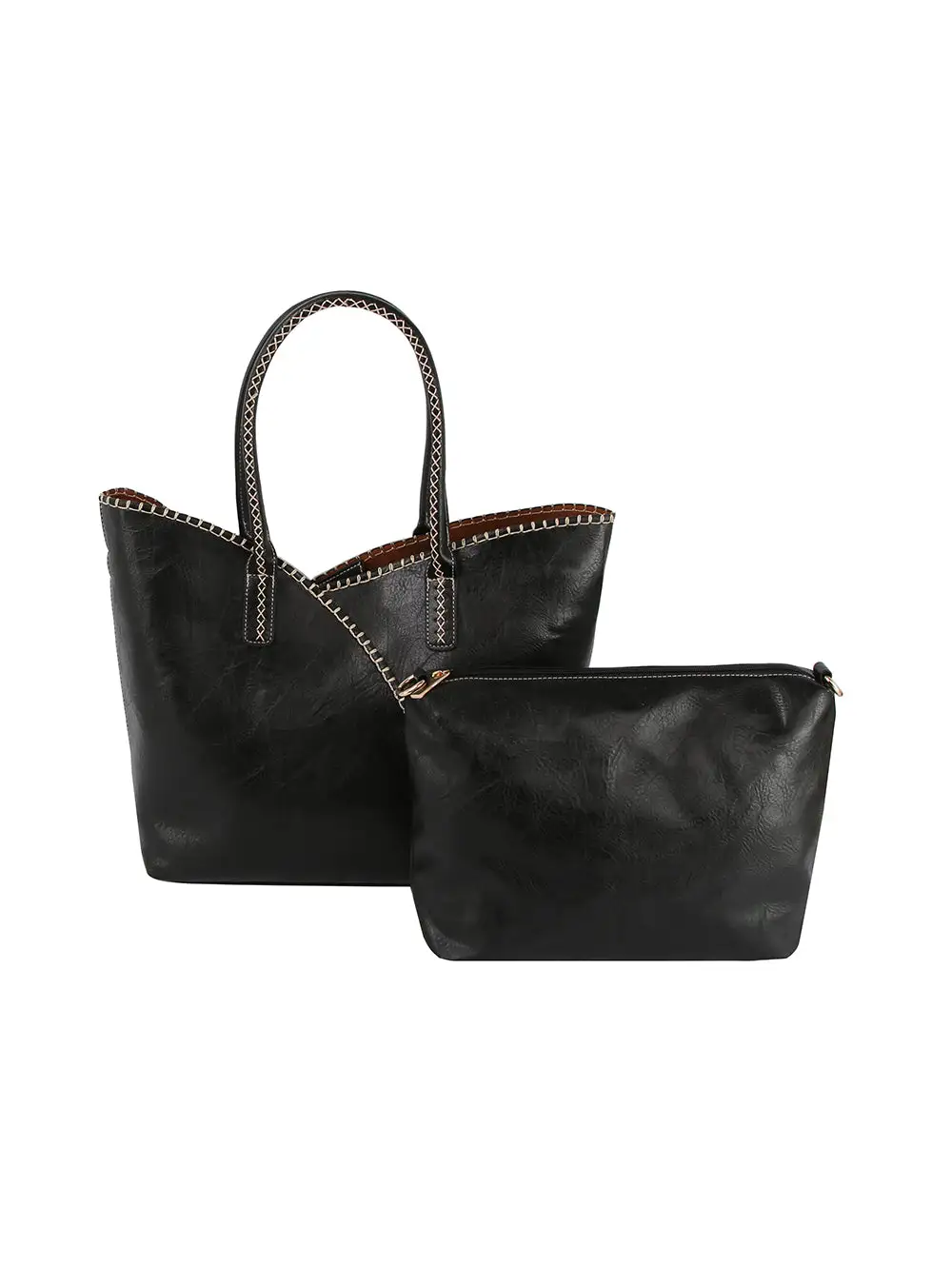 Modern Detail Pocketed Faux Leather Tote Bag Set