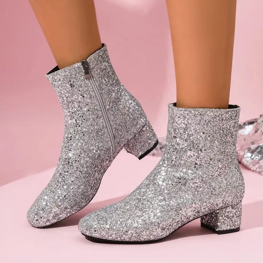 Sequin Round Toe Block Heels Boots