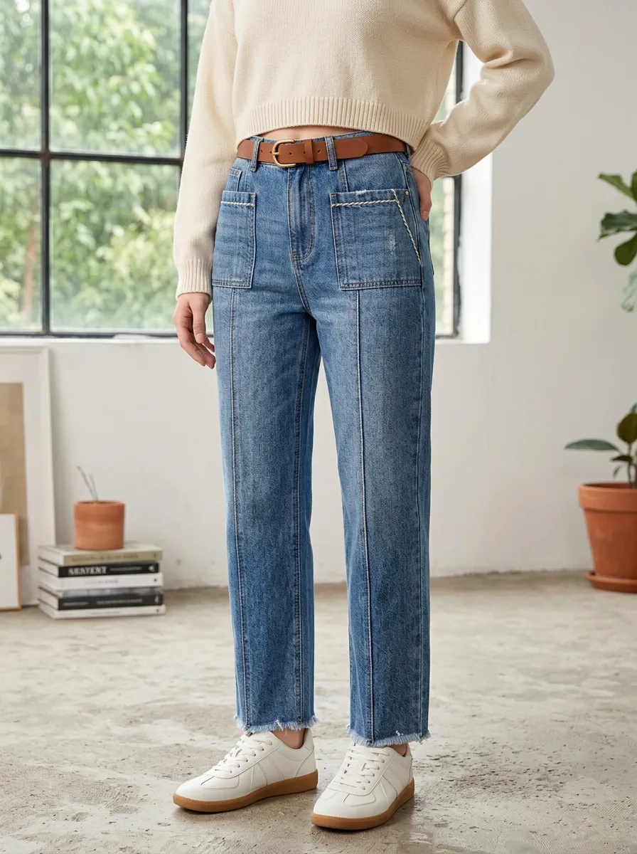 Women's Neutral Jeans Trousers with Easy Fit Silhouette and High Rise Finish