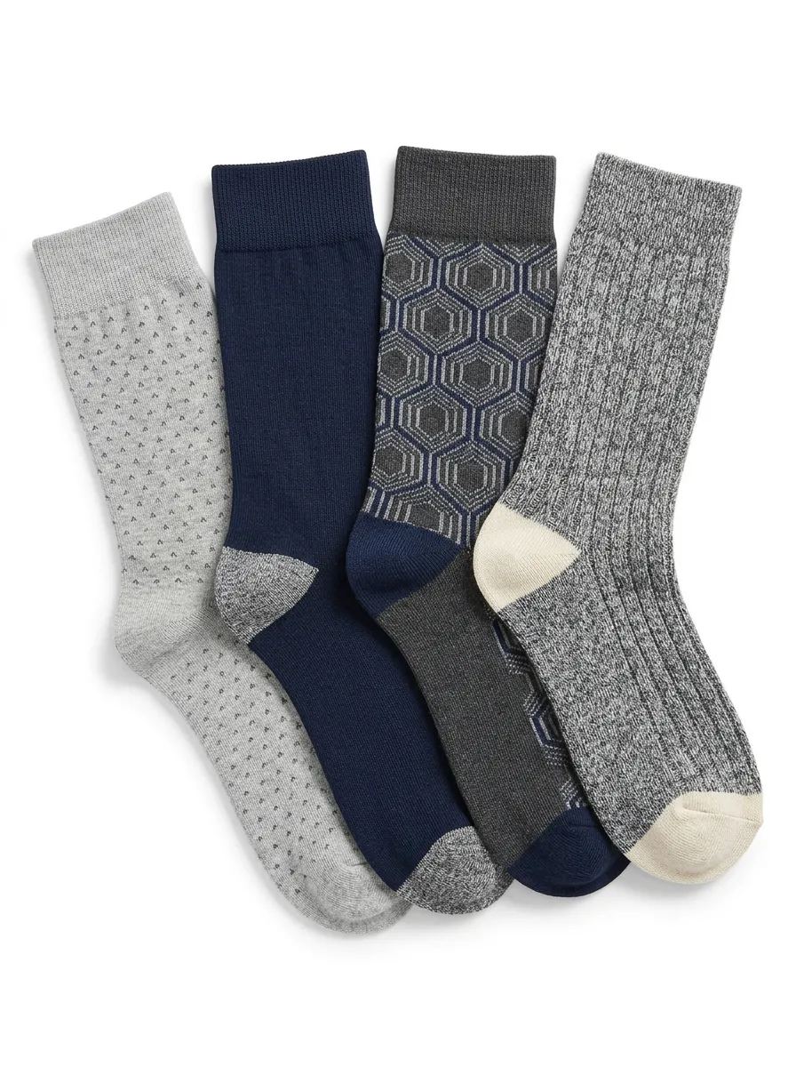 Geometric Heathered Texture Ribbed Texture Crew Length Men's Crew Socks Four-Pair Pack
