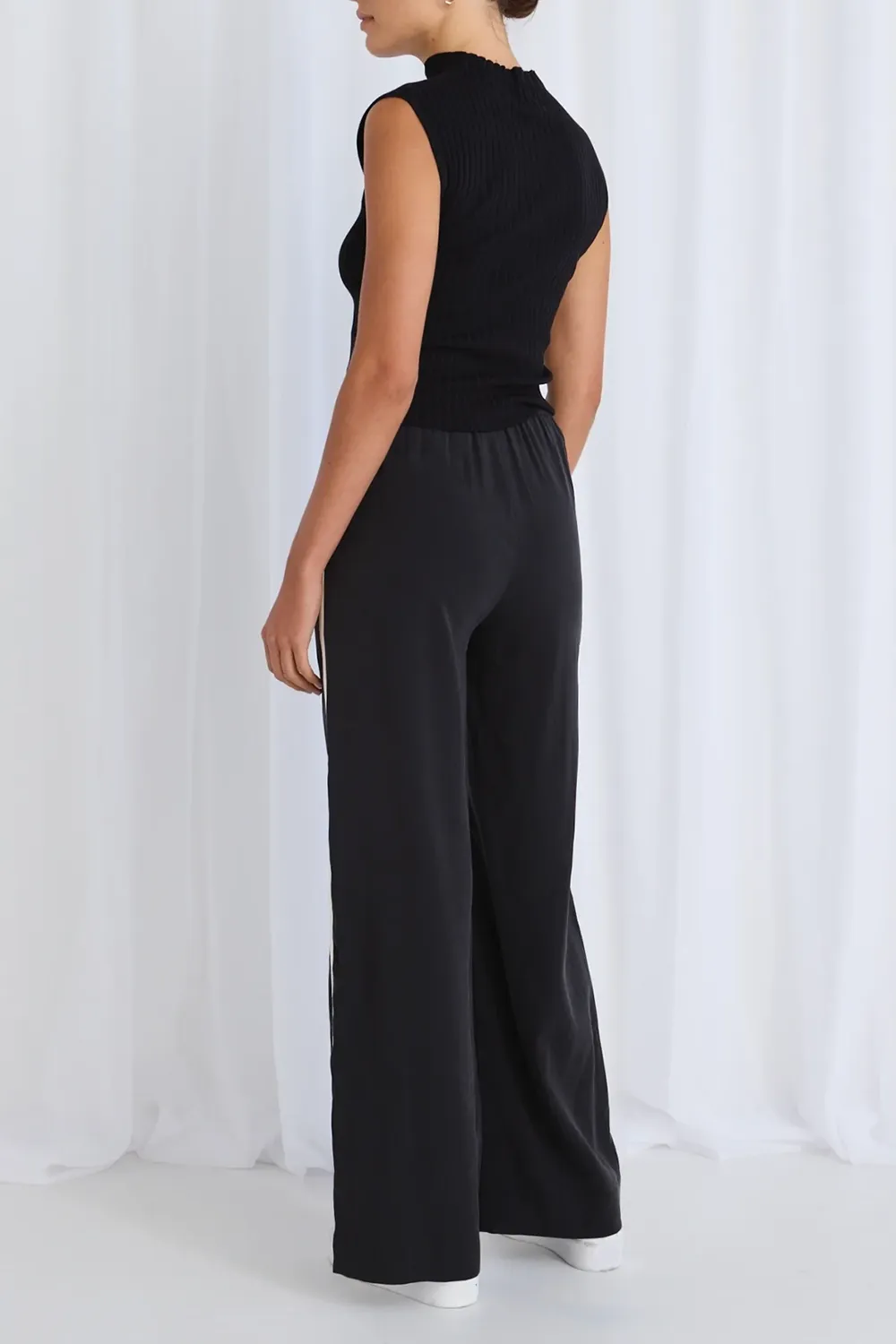 Elastic Waist Draw String Stripe Wide Leg Pants
