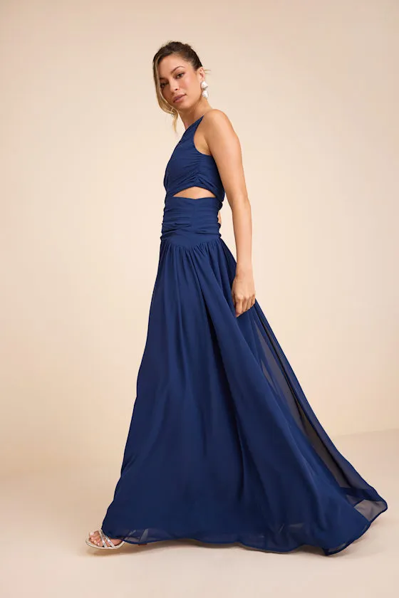 Marcela Navy Blue Ruched One-Shoulder Maxi Dress