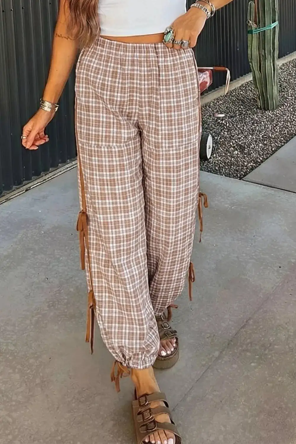 Plaid Print Tie Detail Casual Pants