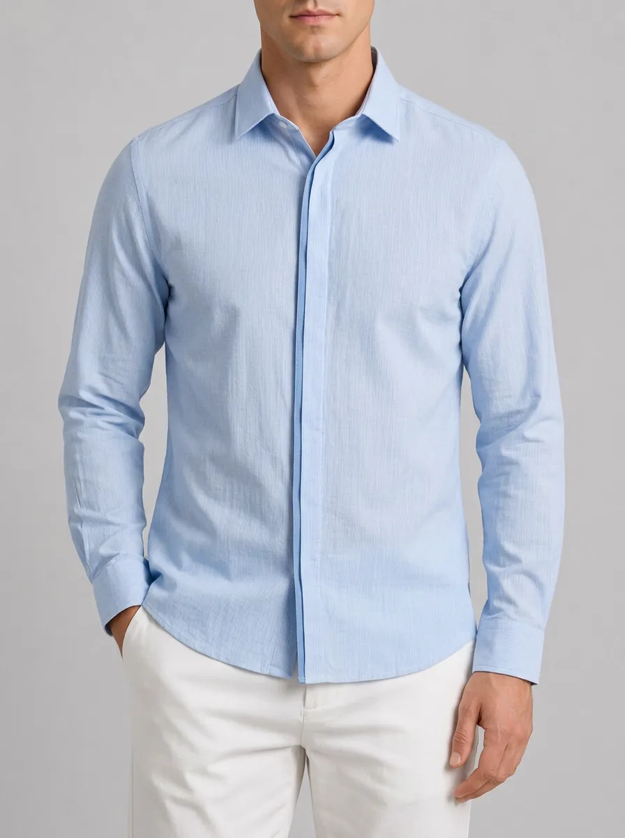Men's Casual Business Light Blue Solid Long Sleeve Shirt