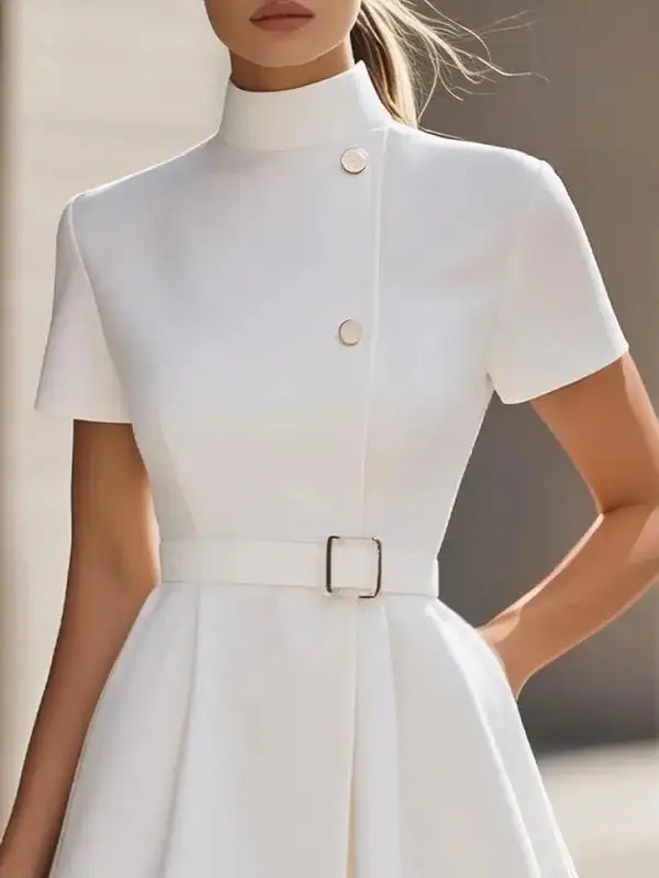 Belted Buttoned Solid Color Short Sleeve Stand Collar Mini Dress