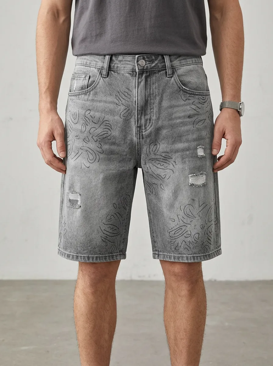 Men's Distressed Street Inspired Line Graphic Distressed Denim Shorts
