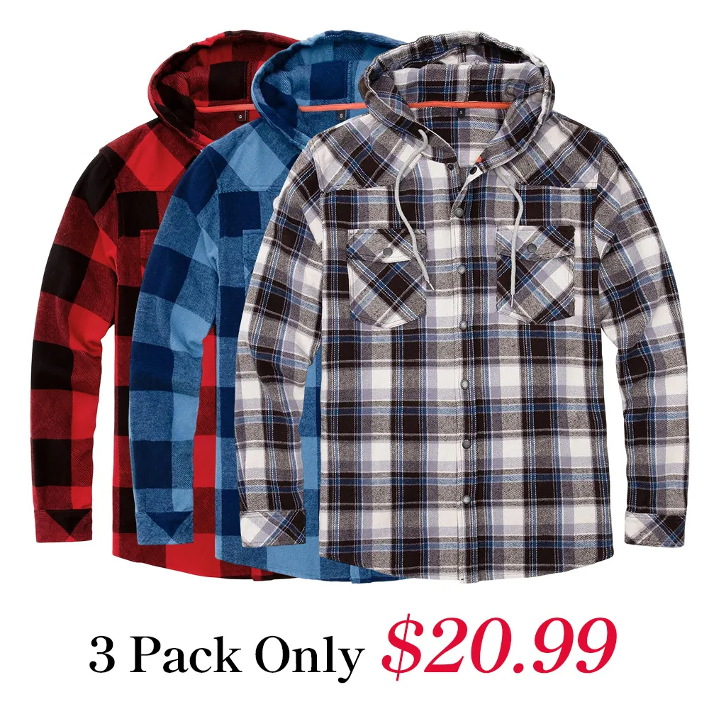 Men's Hooded Plaid Flannel Shirt Jacket with Hand Pockets