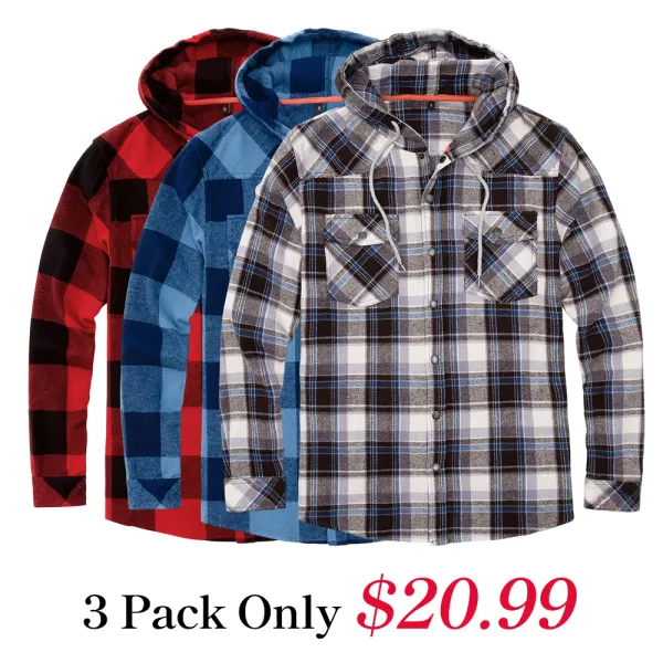 Men's Hooded Plaid Flannel Shirt Jacket with Hand Pockets