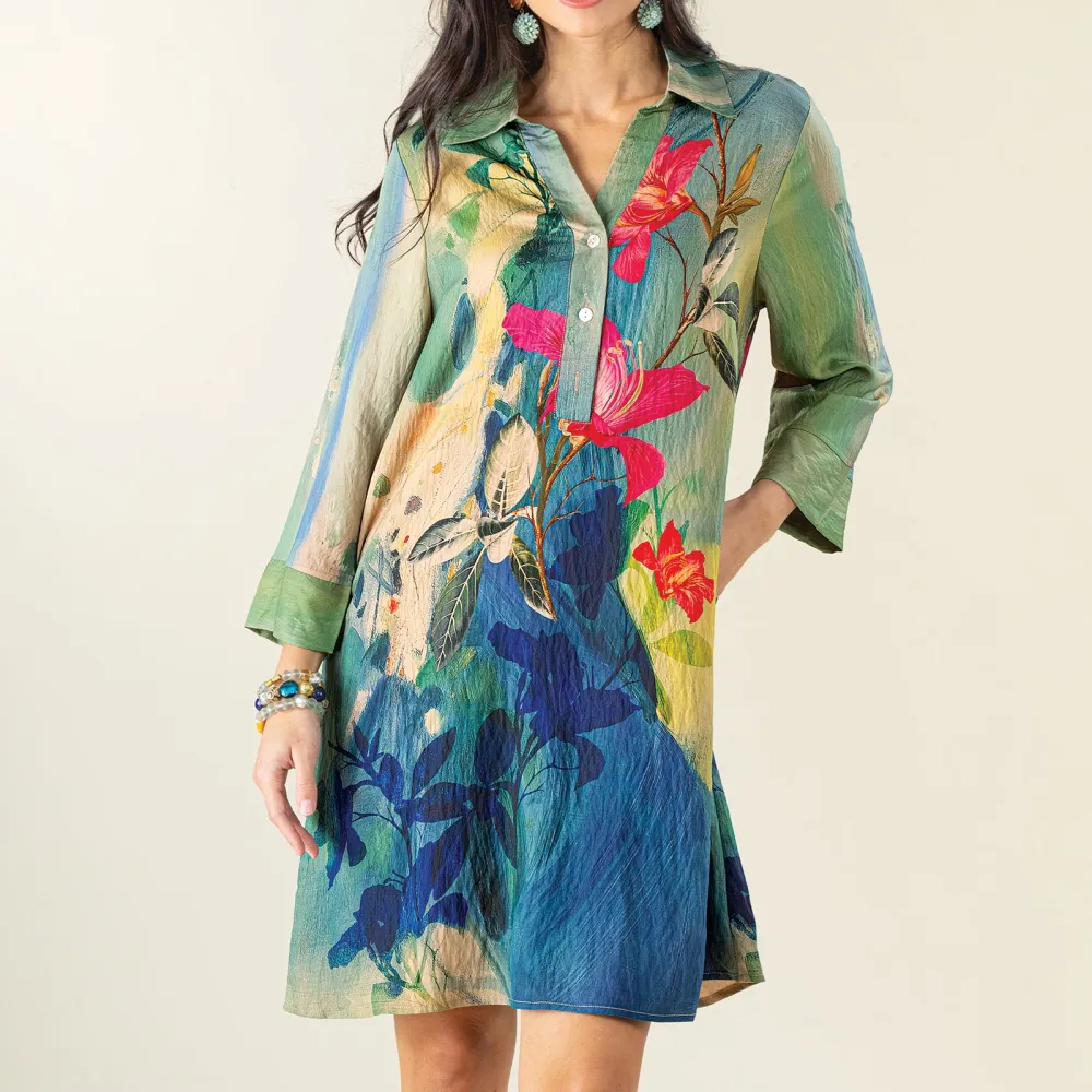 Abstract Florals Shirt Dress