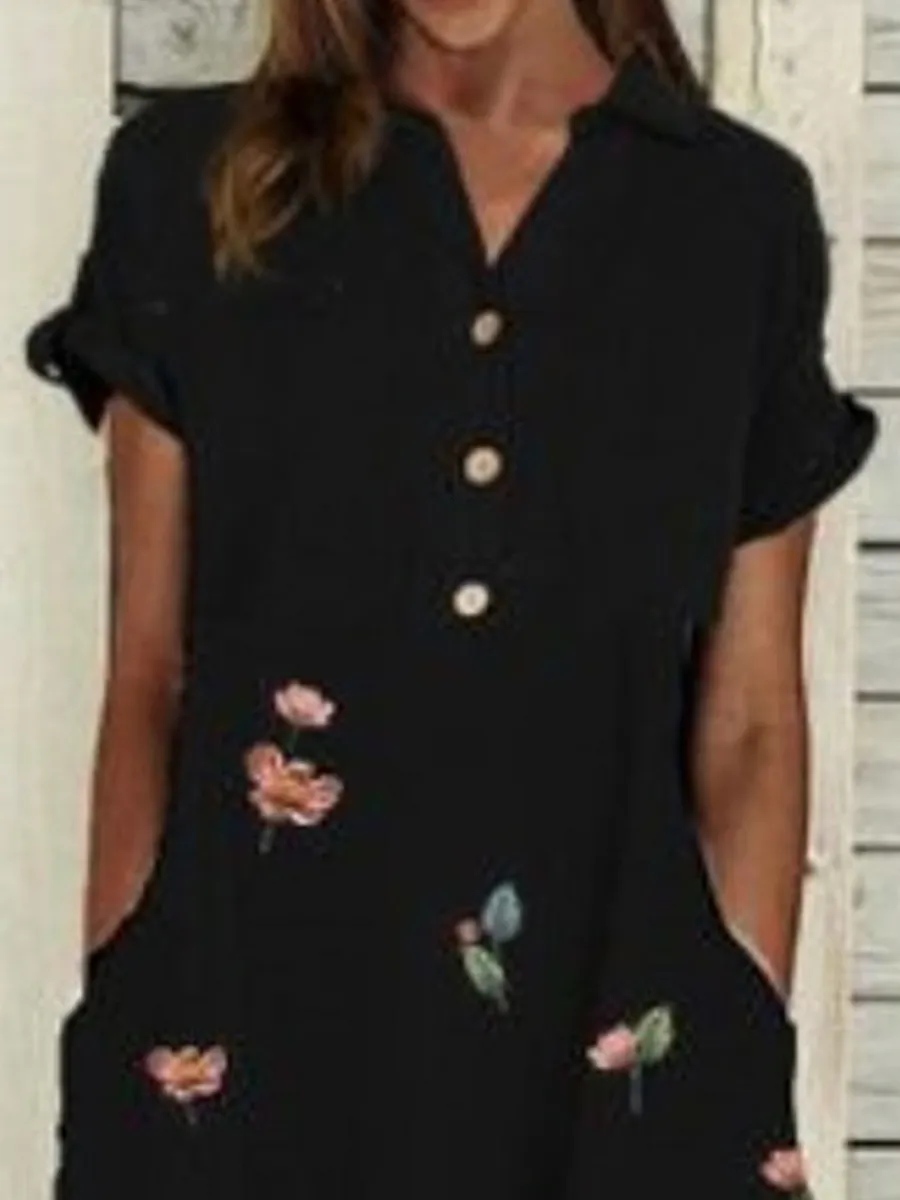 Casual Floral Print V-Neck Short Sleeve Midi Dress
