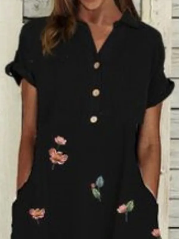 Casual Floral Print V-Neck Short Sleeve Midi Dress