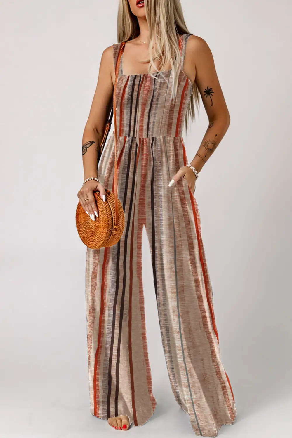 Stripe Square Neck Sleeveless Smocked Bodice Jumpsuit