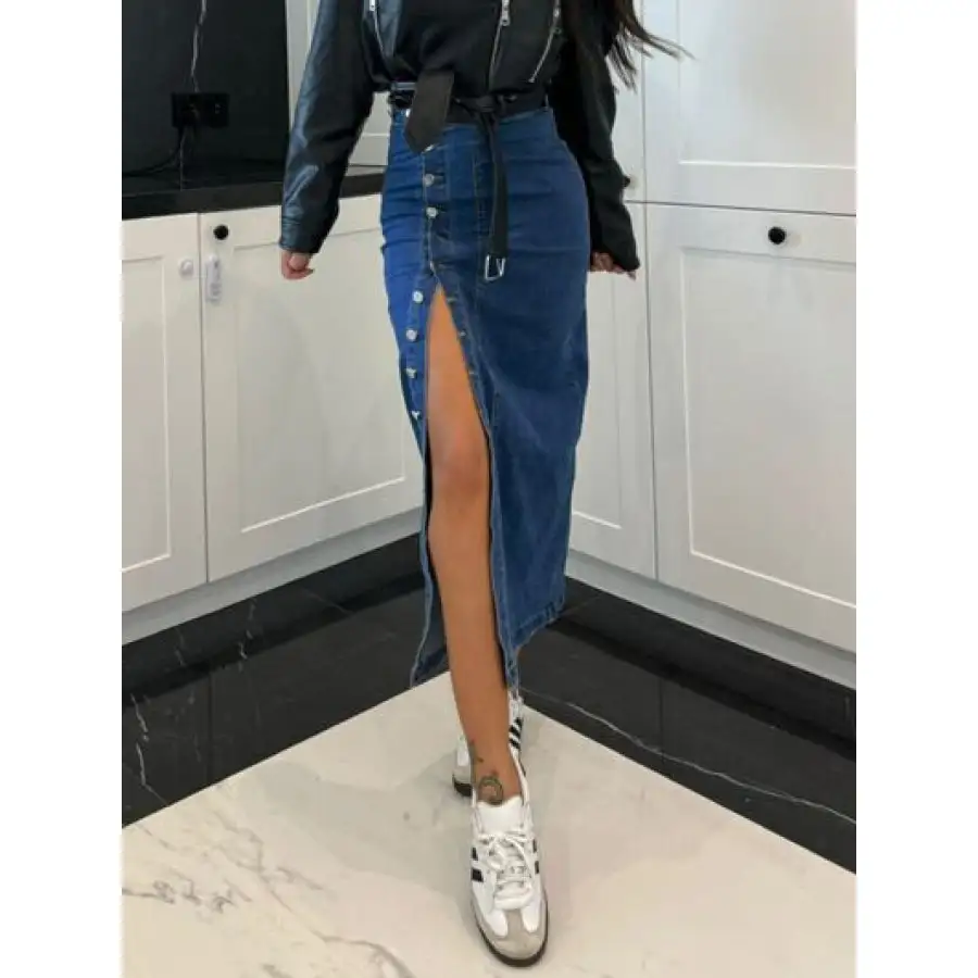 Front Button Slit Midi Denim Skirt