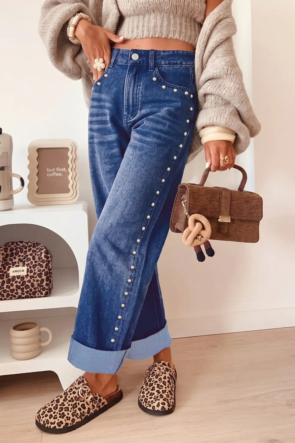 Relaxed Studded Straight Leg Jeans