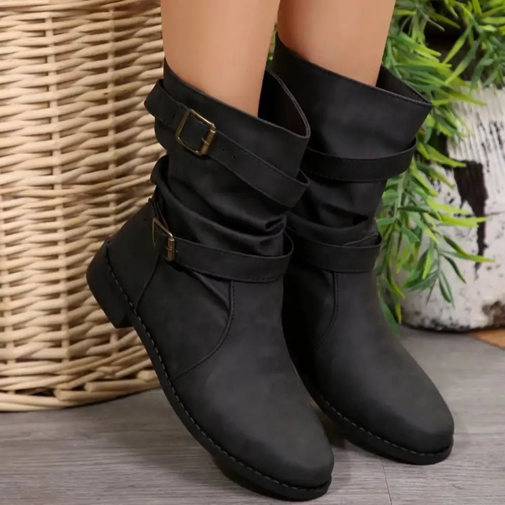 Buckled Low Heel Boots