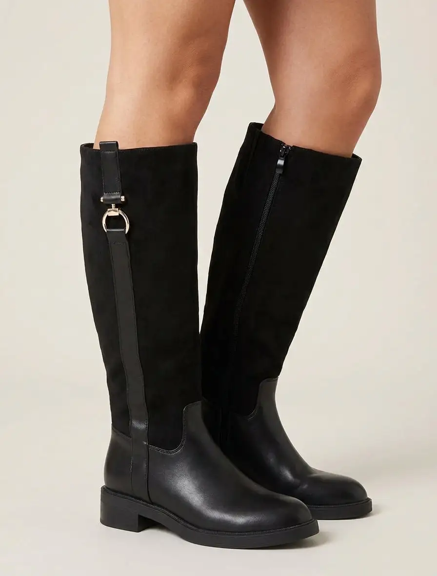 Riding Buckle Detail Block Heel Faux Suede Knee High Boots