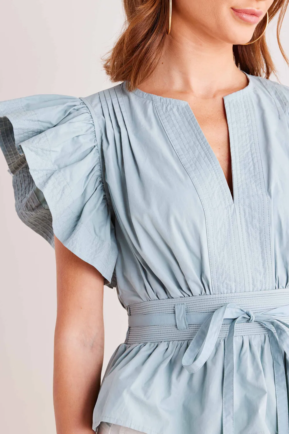 Ruffled Sleeve Tie-Waist Peplum Top