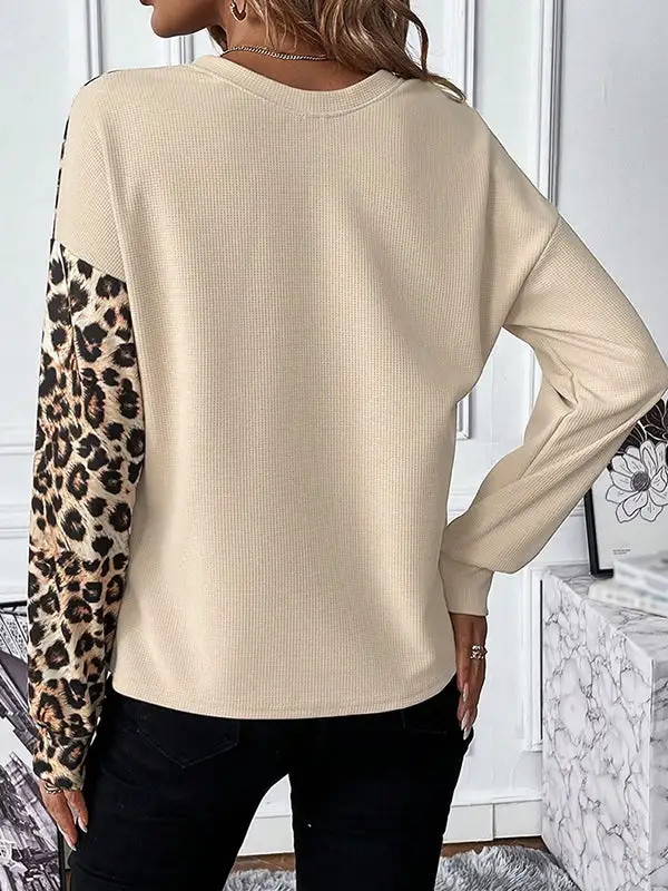 Long Sleeve Relaxed Contrast Leopard Panel Detail Round Neck T-Shirt