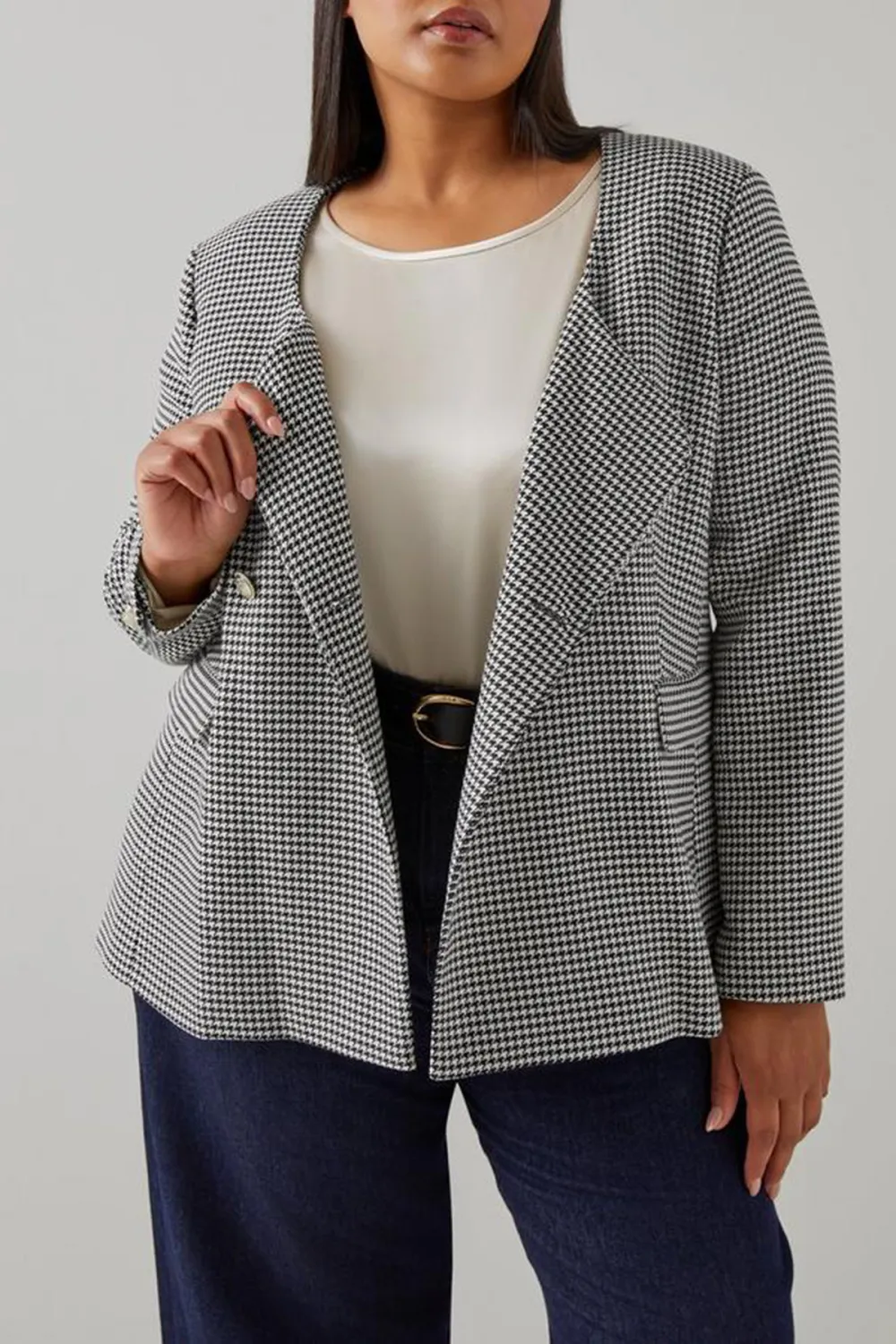 Black Cream Checkered Bow Detail Short Coat