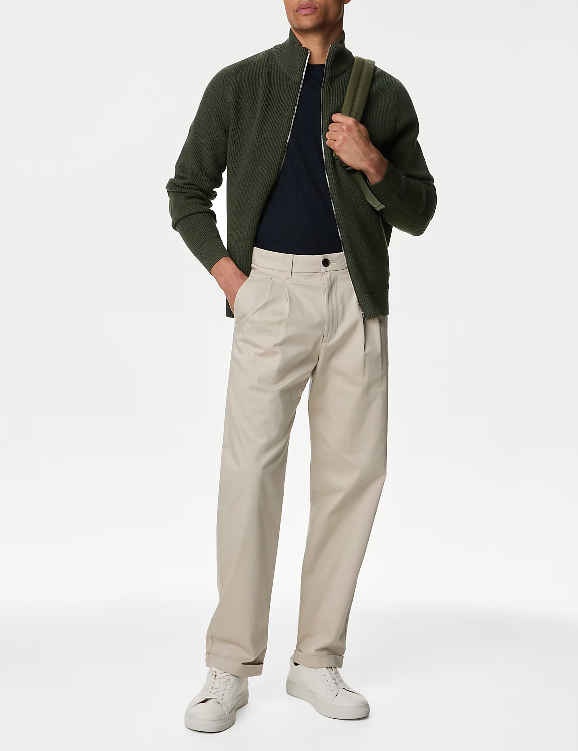 Men's Beige Cotton Blend Funnel Neck Zip Jumper