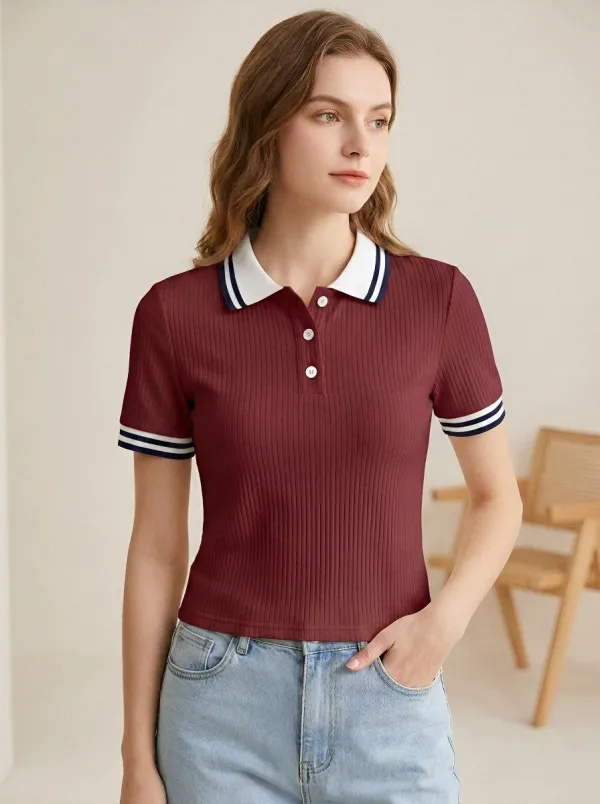 Women's Ribbed Striped-Trim Polo Shirt