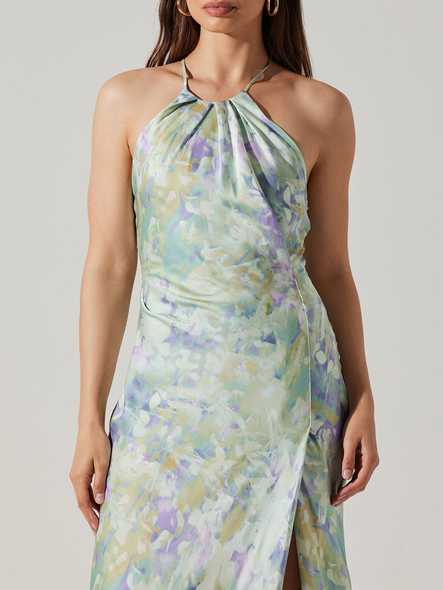 Sexy Halter Neck Open Back Satin Print Maxi Dress