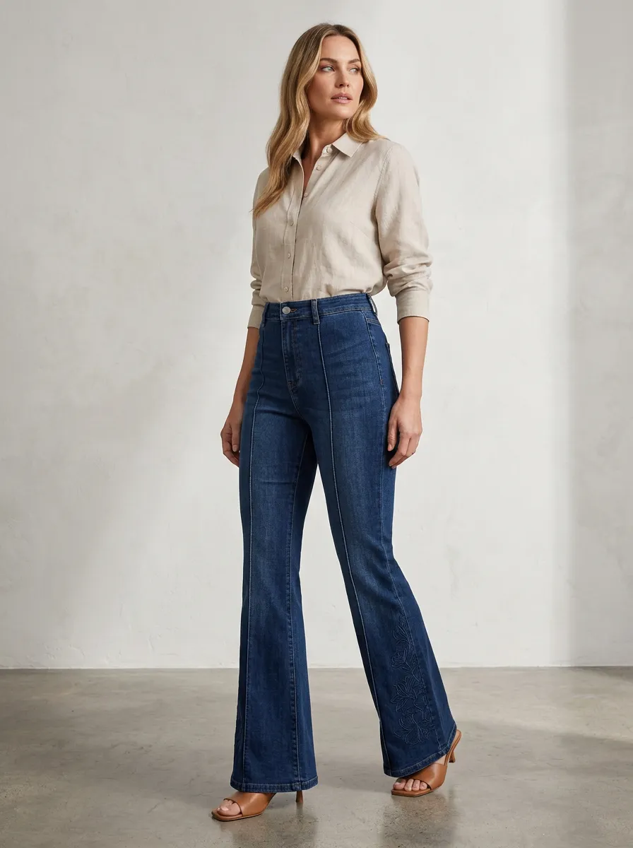 Women's Heritage Inspired Floral Embroidery Floral Embroidered High-Rise Flare Jeans