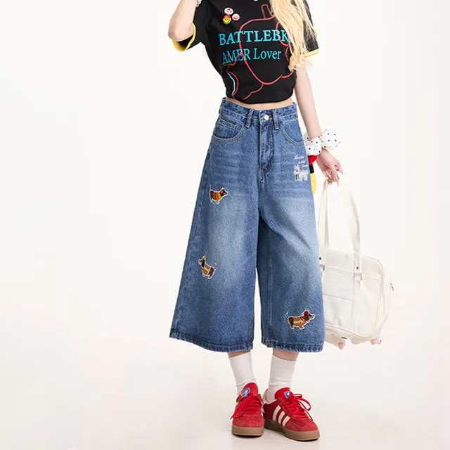 Vintage Wash Distressed Embroidered Denim Shorts