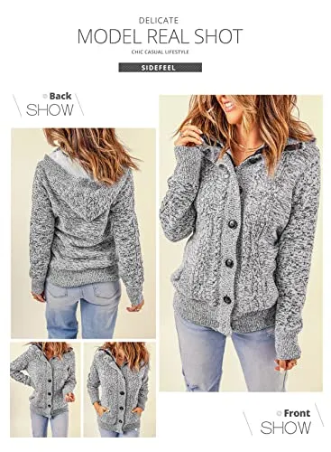 Women Hooded Knit Cardigans Button Cable Sweater Coat