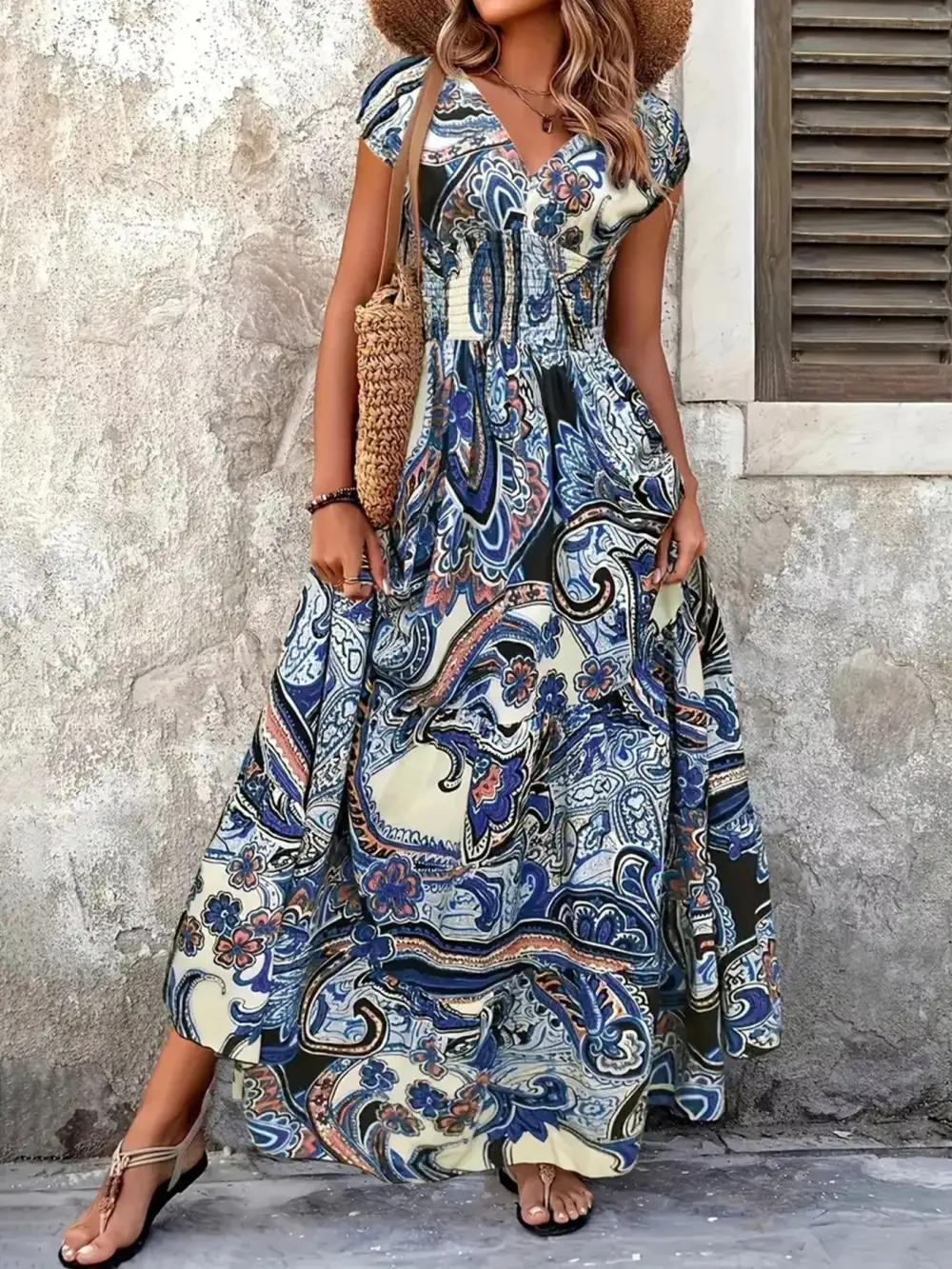 Smooth Finish Printed V Neck Maxi Dress