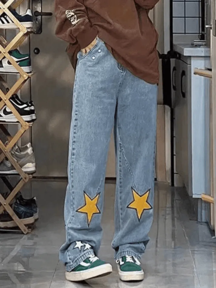 Star Patch Straight Leg Boyfriend Jeans