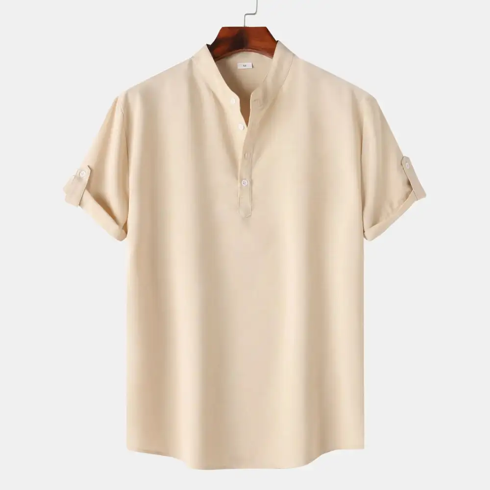 Stand-Collar Short-Sleeve Breathable Henley Shirt