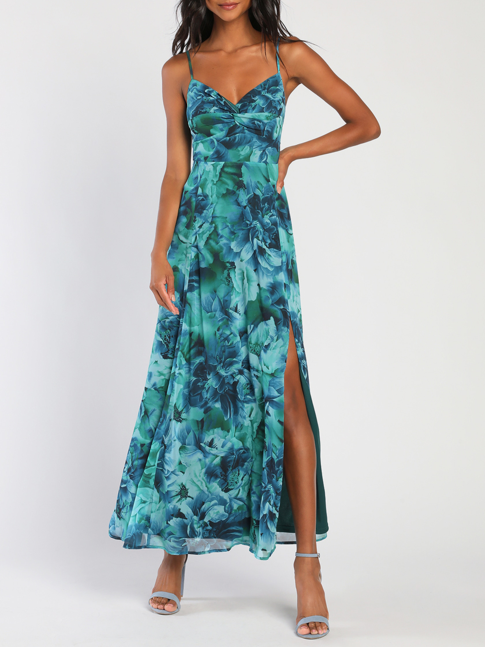 Beautiful Teal Green Floral Print Twist-Front Maxi Dress