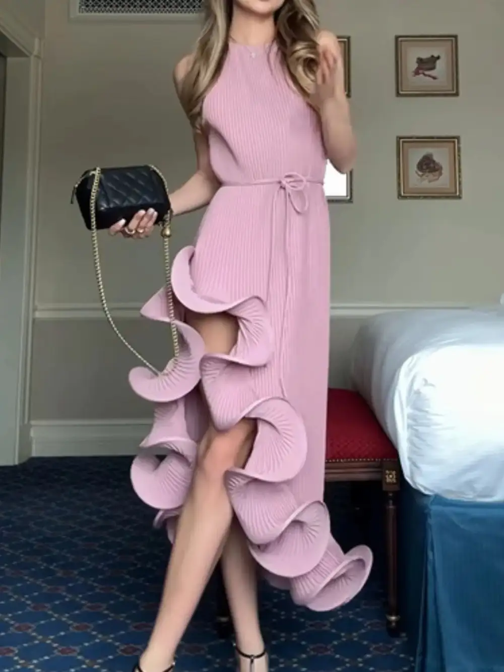 Ribbed Ruffle Sleeveless Dress Casual