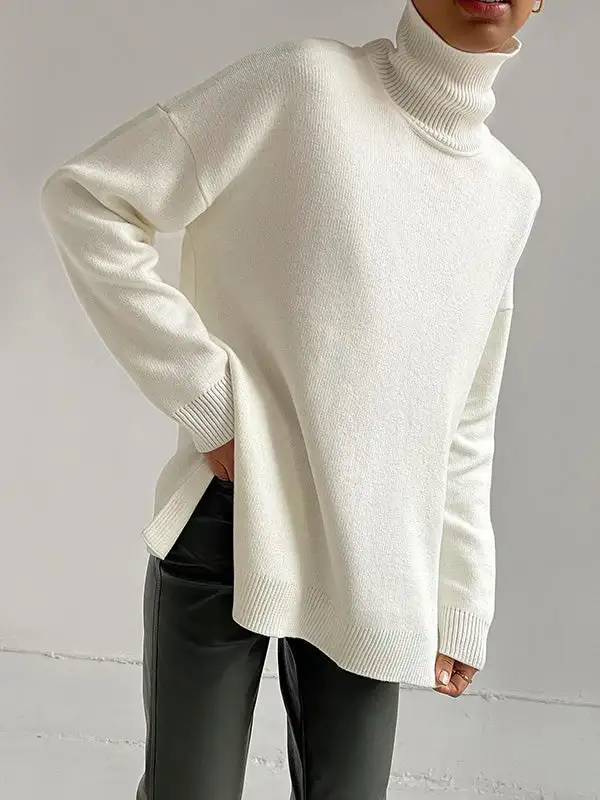 Casual Split Hem High Neck Long Sleeve Relaxed Fit Easy Fit Sweater