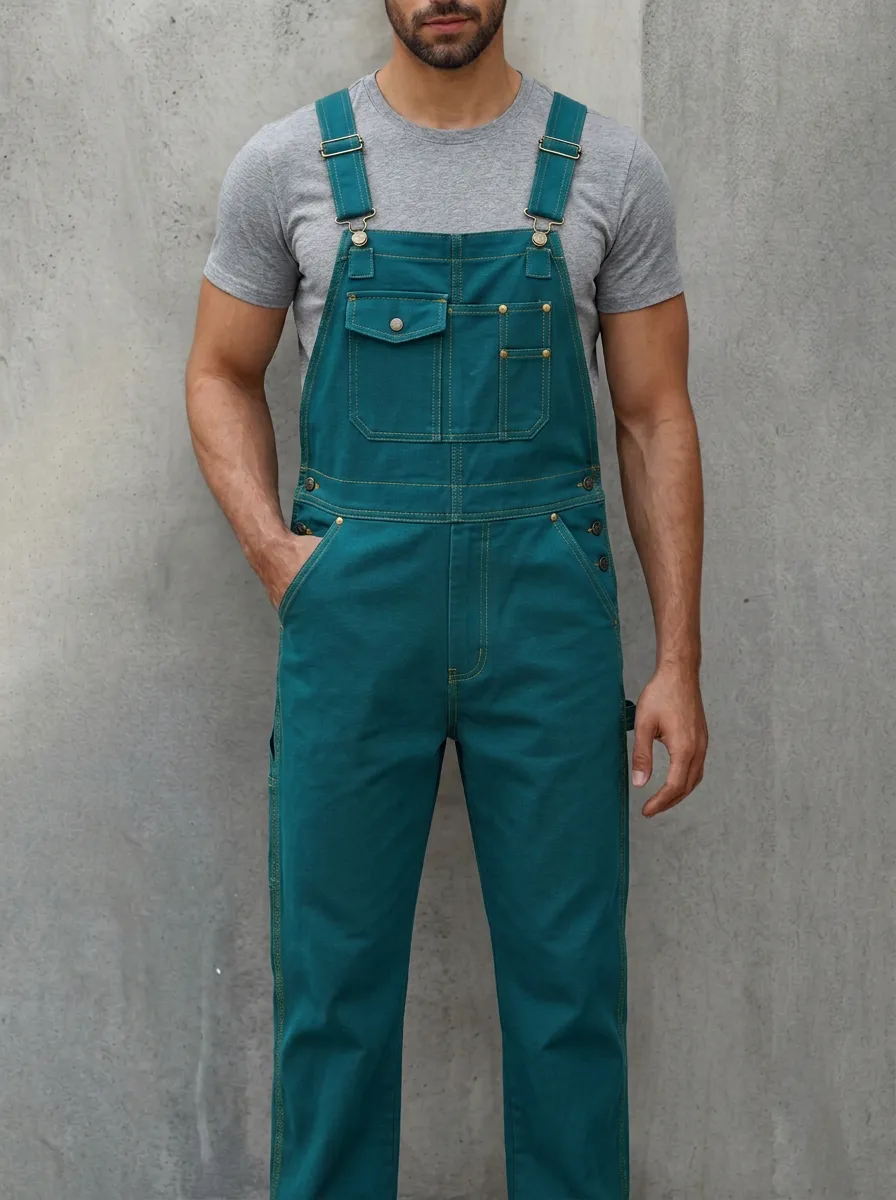 Men's Casual Olive Green Side-Button Workwear Overalls