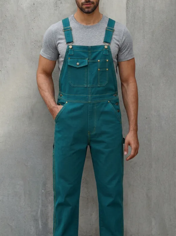 Men's Casual Olive Green Side-Button Workwear Overalls
