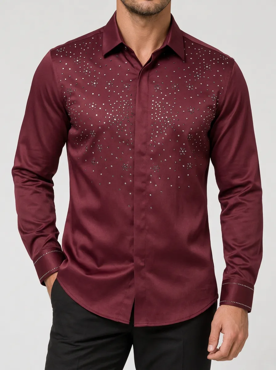 Burgundy Rhinestone Button Up Occasion Shirt