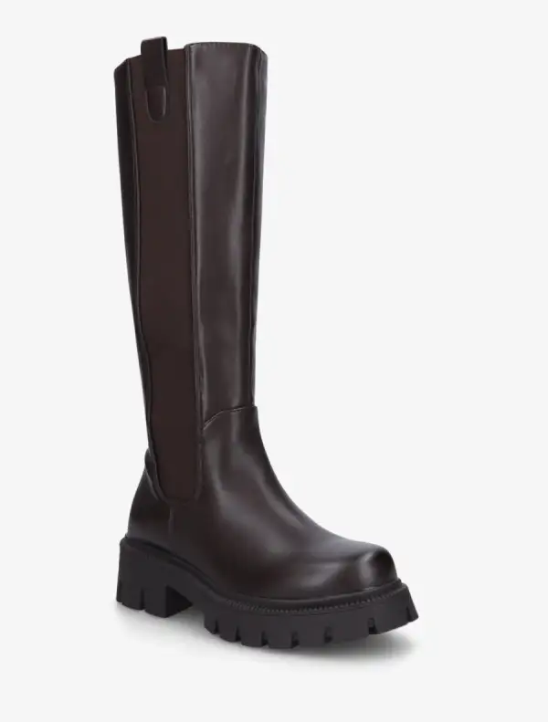 Easy Wear Stretch Panel Block Heel Faux Leather Knee High Boots