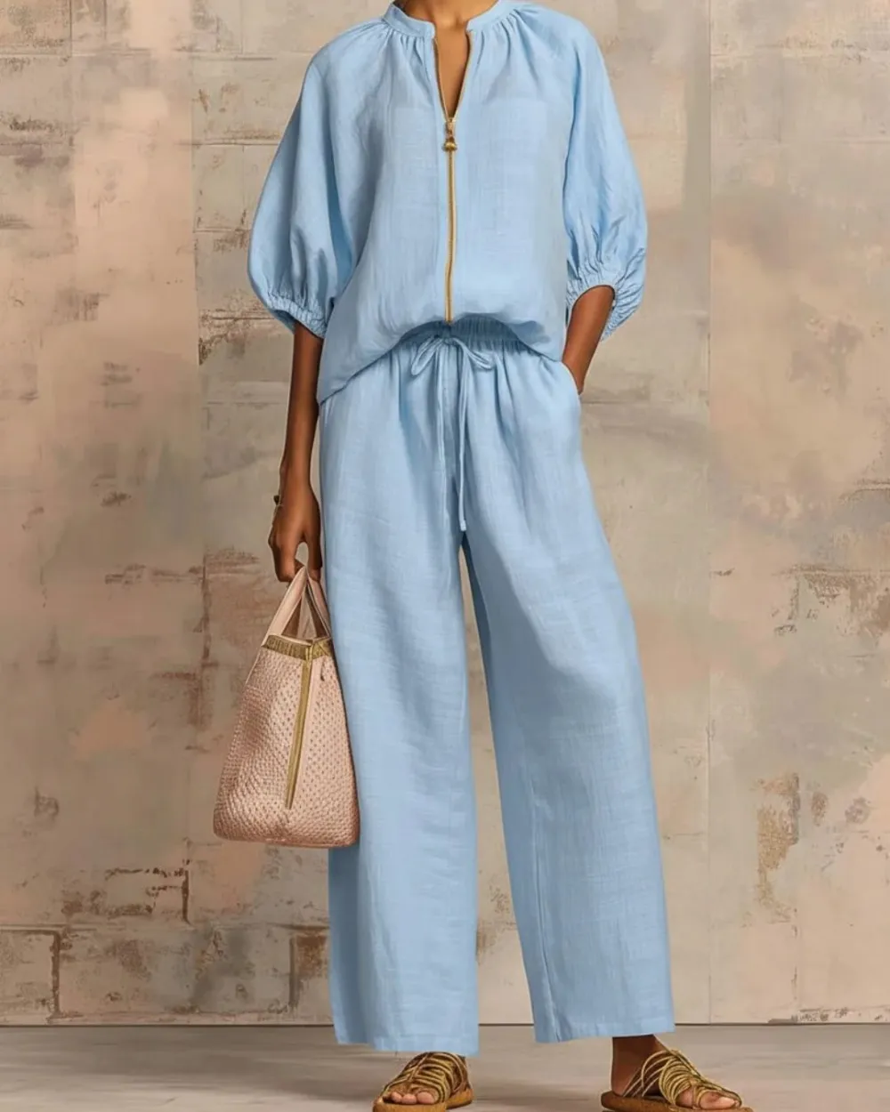Knitted Fabric Blouse and Long Pants Two-Piece Outfit with Flounce Sleeves