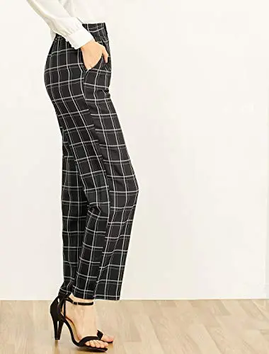 Women's Plaid Pants Elastic Waist Casual Work Office Long Trousers