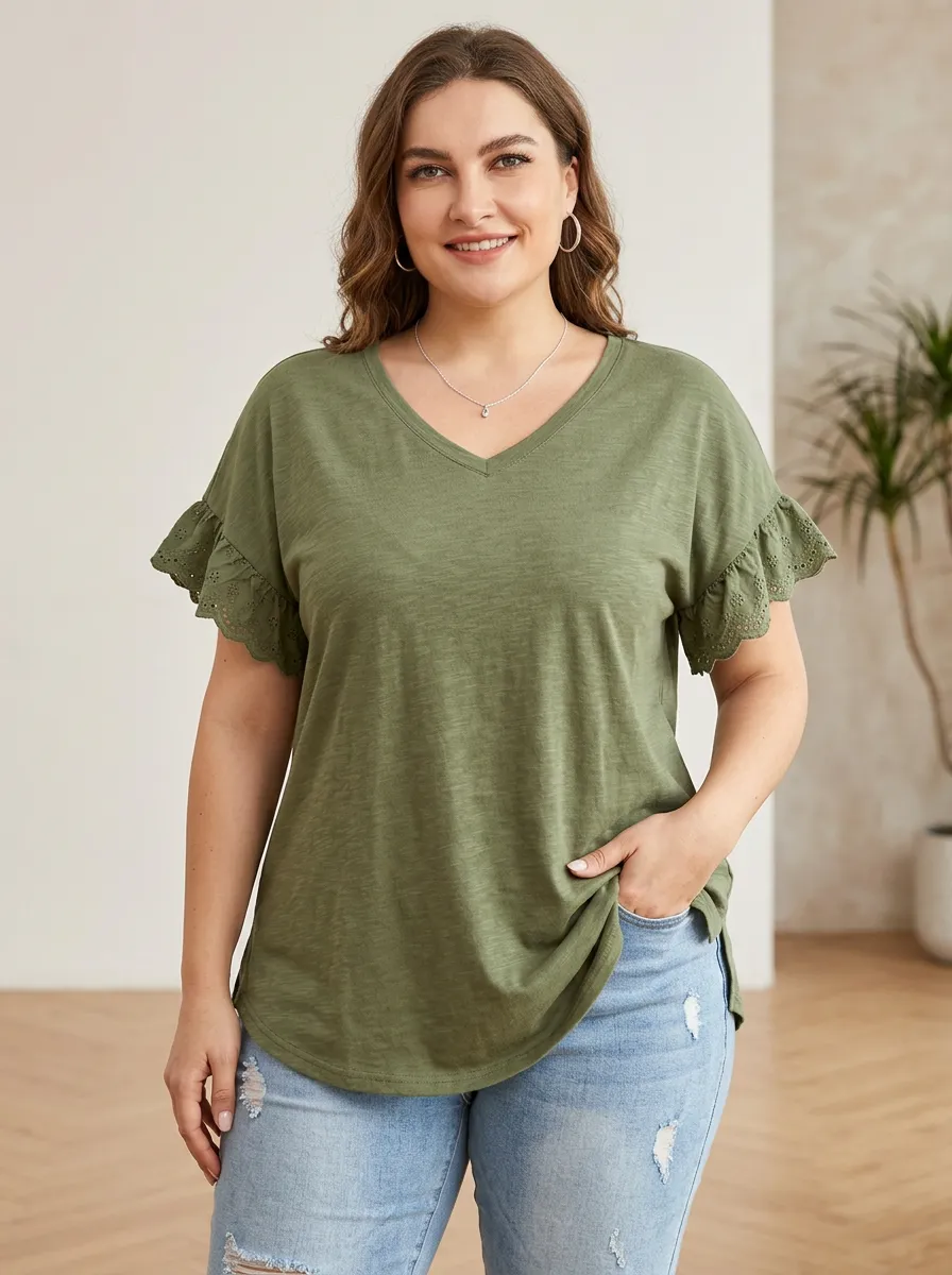 Women's Plus Size Olive Green Eyelet Ruffle Sleeve V-Neck T-Shirt