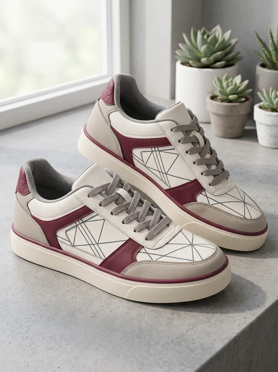 Women's Geometric Pattern Burgundy Beige Printed Sneakers