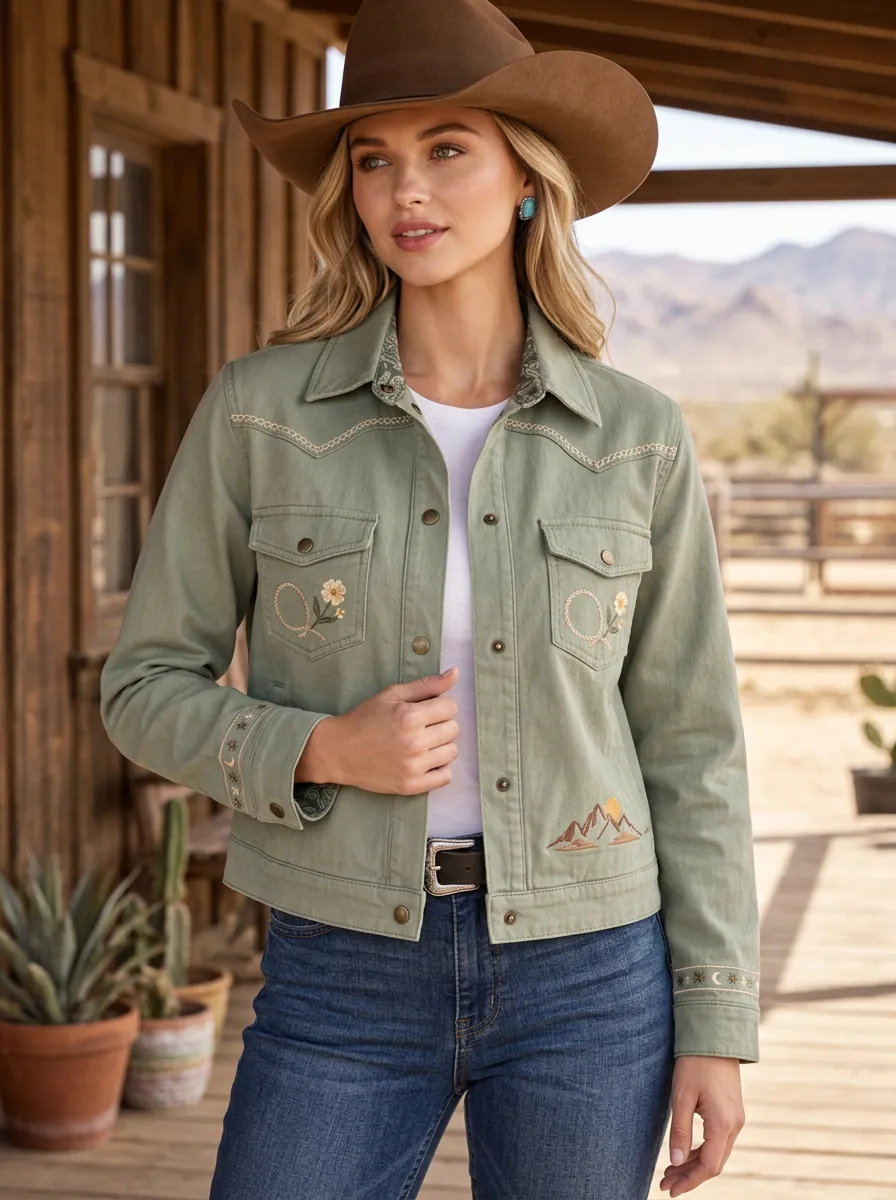 Women's Western Cowgirl Floral Mountain Embroidered Jacket