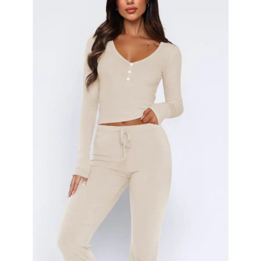 V Neck Long Sleeve Top and Pants Set