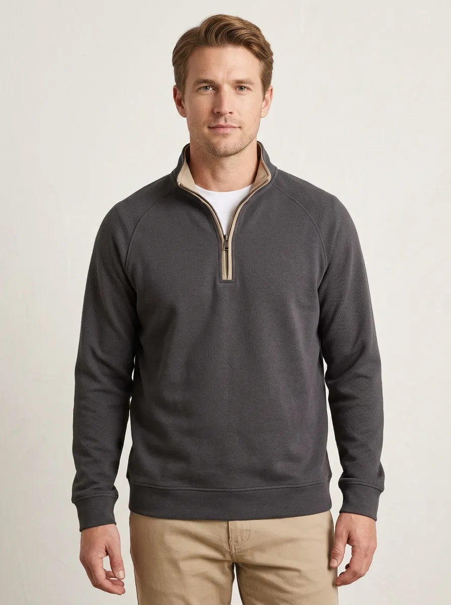 Men's Minimalist Contrast-Trim Textured Raglan Embroidered Emblem Quarter-Zip Sweatshirt