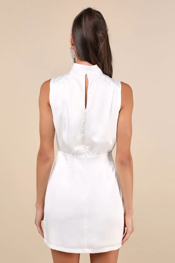 Classic Elegance Blush Satin Sleeveless Mock Neck Mini Dress