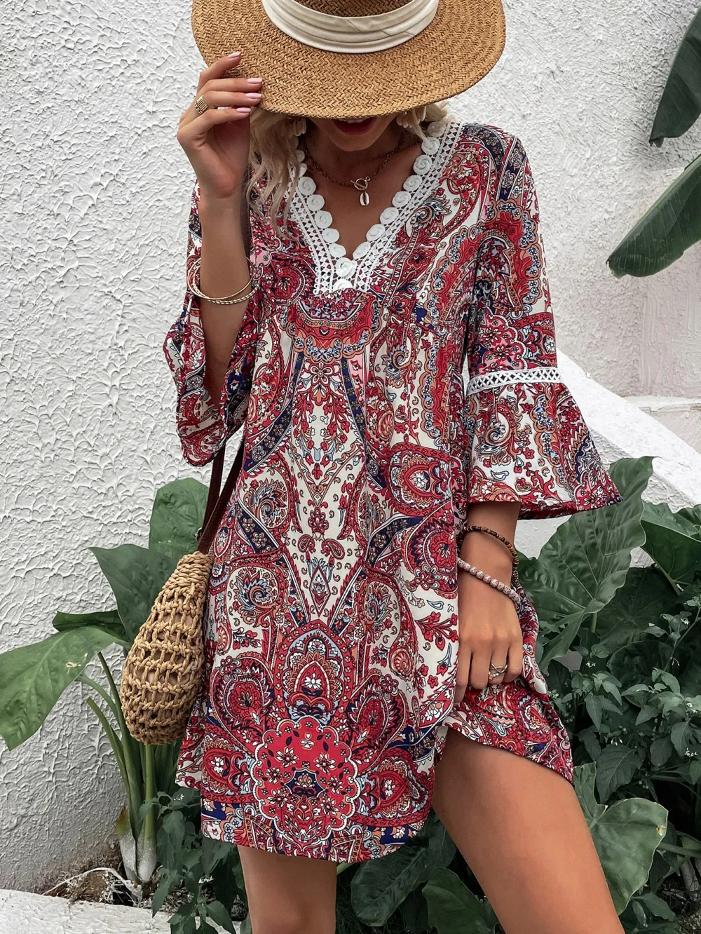 Plus Size Paisley & Floral Print Contrast Guipure Lace Flounce Sleeve Dress