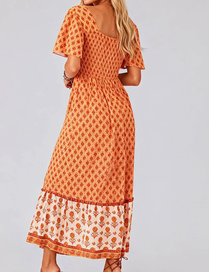 Boho Square Neck Short Sleeves Maxi Dress