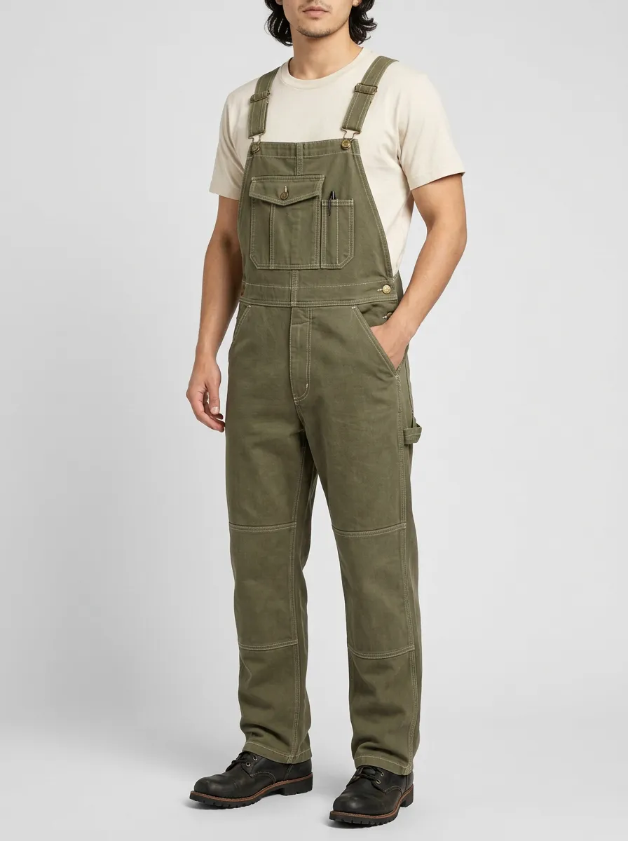Men's Olive Green Utility Workwear Cotton Bib Overalls